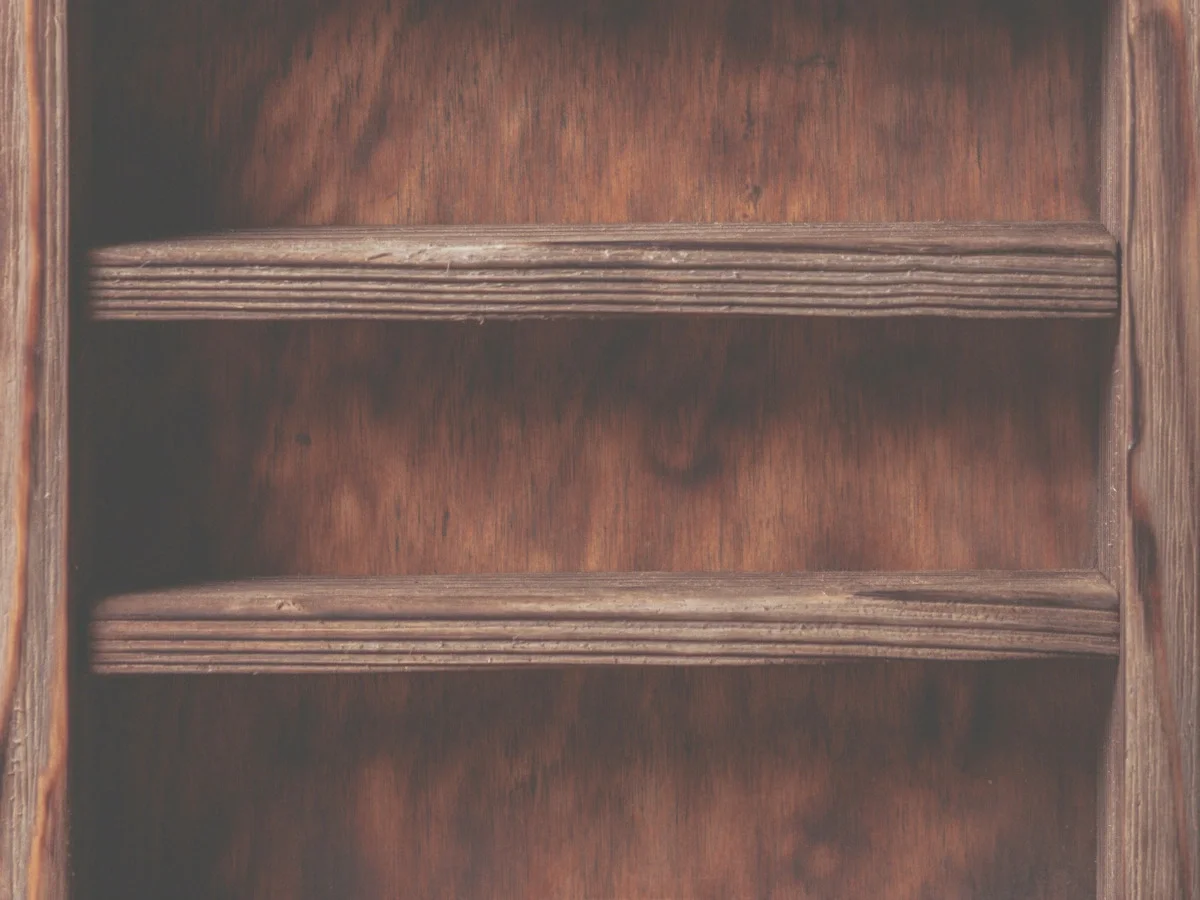 A close, warm-toned view of two empty wooden shelf slats inside a plain cabinet—accompanying "When Music Became Data," on the disappearance of physical music in She The King's essay.