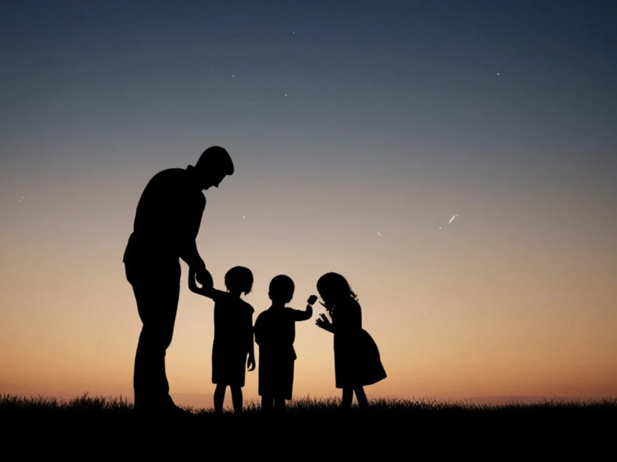 Silhouette of father and three children at dusk representing family and grief in Wild Dark Shore