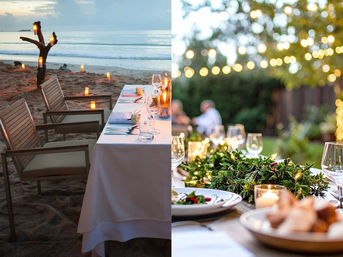 Split image of a beach dinner table at sunset beside an intimate backyard dinner gathering with string lights, representing two different summer playlist moods.