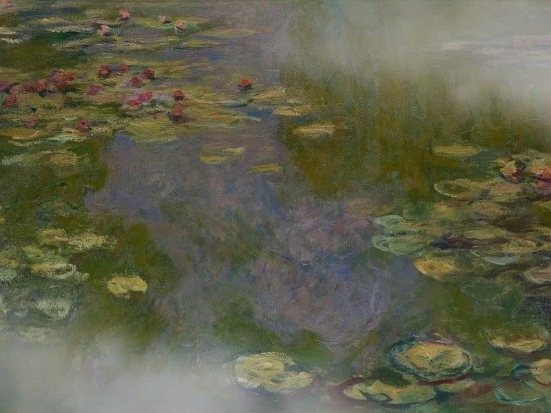 A serene Impressionist-style painting of water lilies floating on a pond, with soft greens, purples, and pinks that evoke calm and make a soothing, museum-inspired wall art gift.