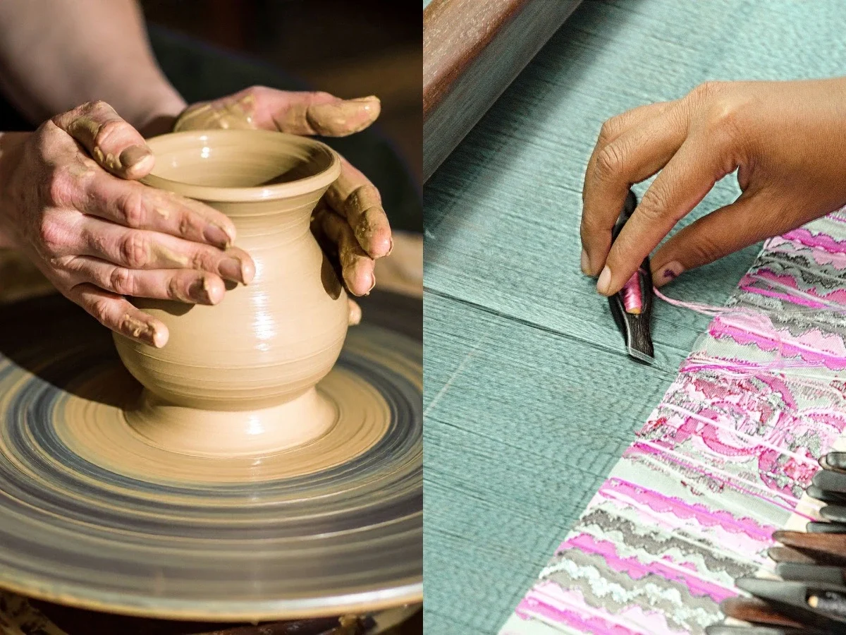 A split composition showing two craft traditions side by side: hands shaping a ceramic vessel on a wheel on the left, and a hand guiding a shuttle through vivid pink and grey silk threads on a loom on the right.