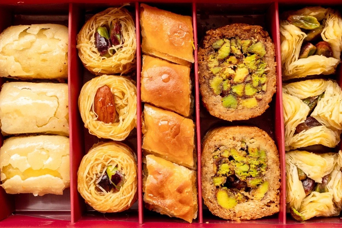 Baklava and pistachio pastries highlighting shared Turkish and Armenian cuisine in The Bastard of Istanbul.