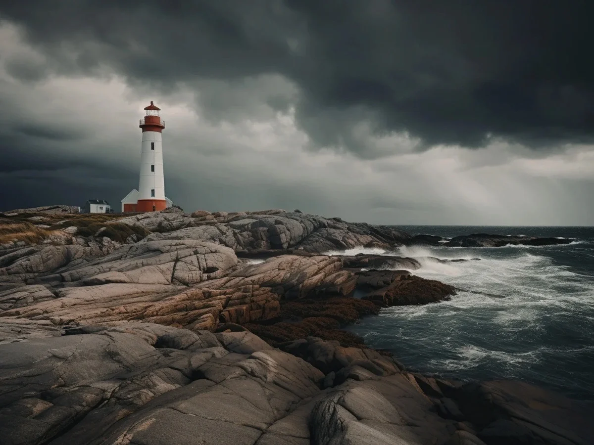 Stormy rocky coastline with lighthouse representing isolation in Wild Dark Shore