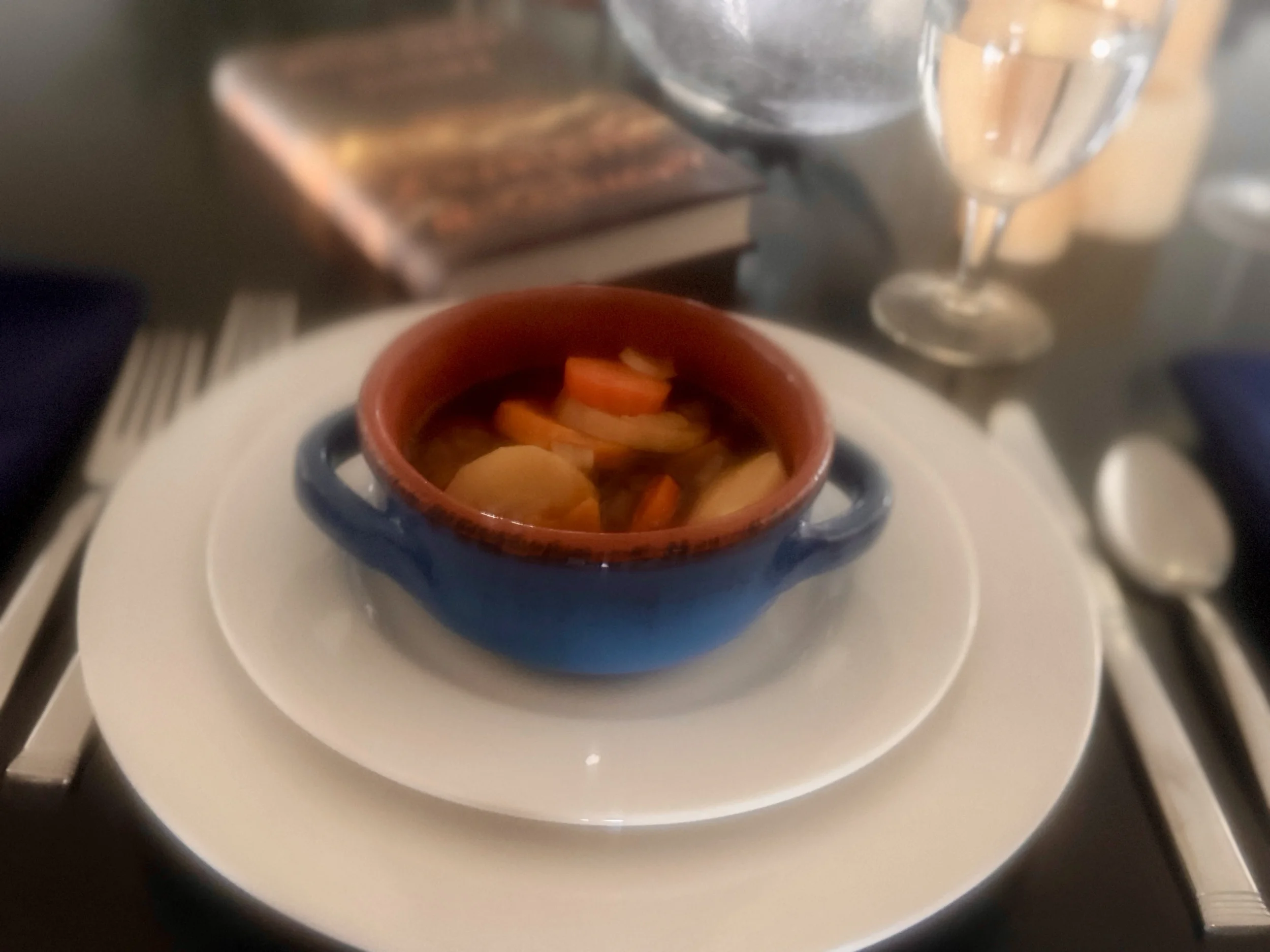 A blue ceramic soup bowl filled with roasted root vegetables on a white plate, set at a table with silverware, a water glass, and the Wild Dark Shore book blurred in the background — a reading and dining ritual.
