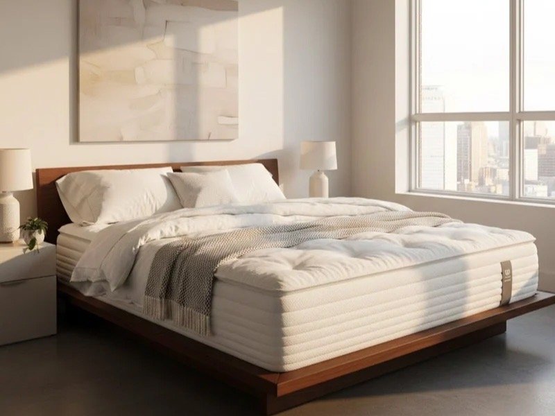 A neatly made bed in a bright, minimalist bedroom, illustrating the micro-habit of making your bed first thing in the morning as part of outer self-care