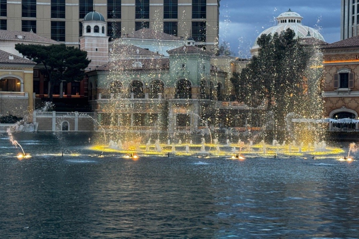 Bellagio Fountains at sunset in Las Vegas
