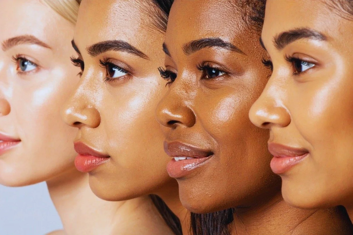 Healthy glowing skin on women of different skin tones after using a non-toxic skincare routine for dry, sensitive skin