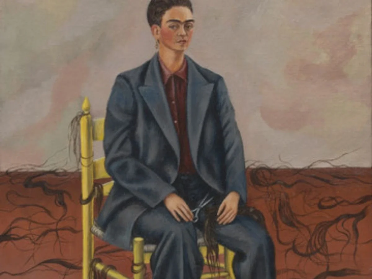 Frida Kahlo self-portrait painting showing the artist seated alone on a wooden chair against a muted background with musical notation above her, exploring identity, introspection, and emotional presence.