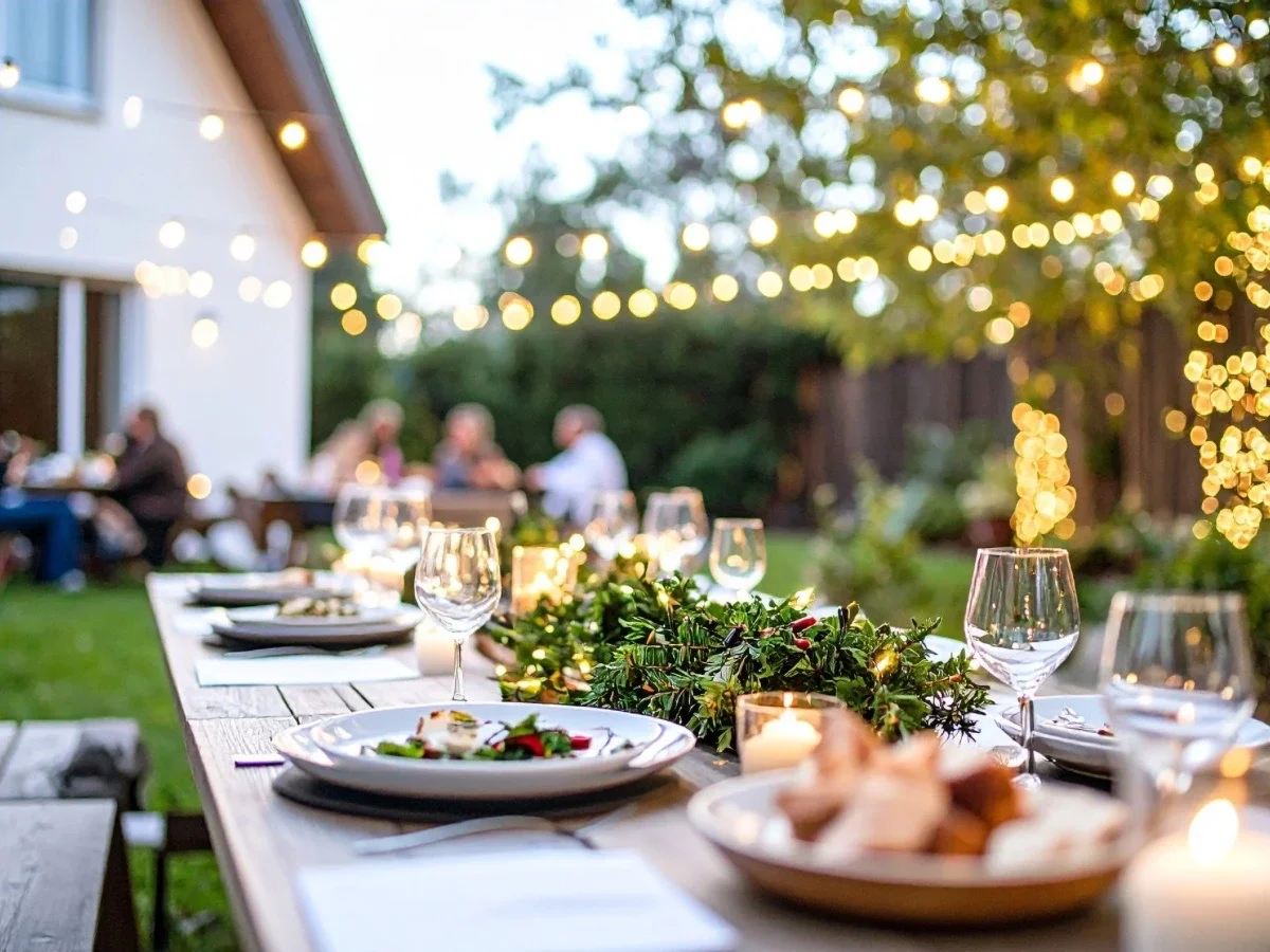 Outdoor backyard dinner table with string lights, wine glasses, and a softly blurred summer gathering at dusk.