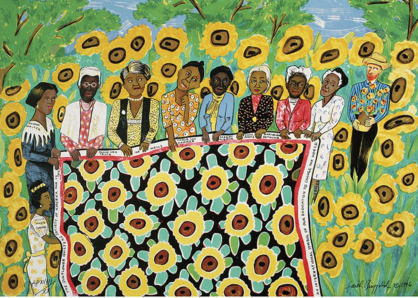 Faith Ringgold's 1996 work depicting a group of Black women holding a vibrant sunflower-patterned quilt, surrounded by sunflowers in bloom, with names of Black historical figures along the quilt's border