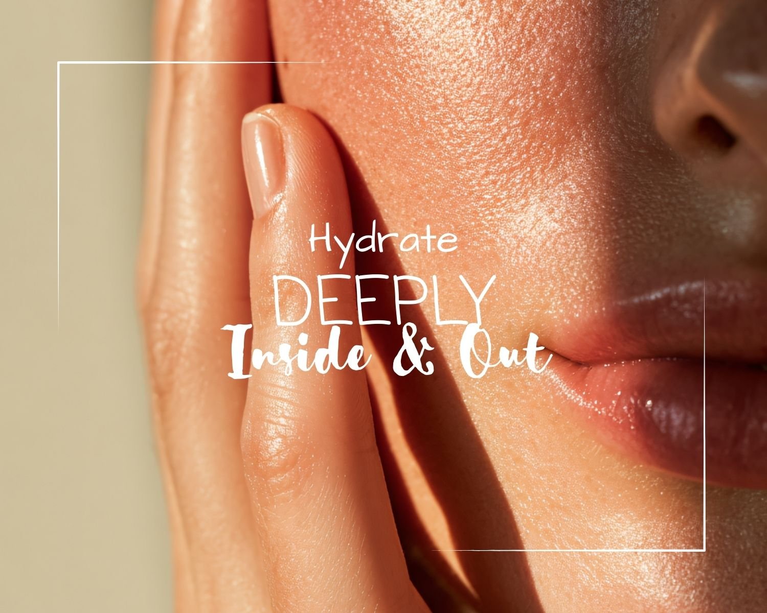 A close-up of a person's lower face and hand, showing dewy, well-hydrated skin with sunlight highlighting the texture. Overlaid text reads: “Hydrate Deeply Inside & Out.”