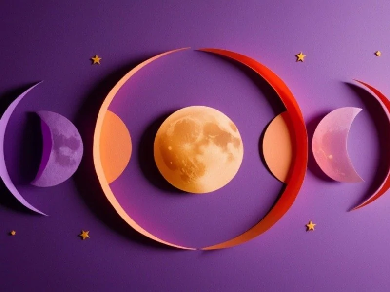 Colorful moon phase artwork in purple and orange tones featuring crescent and full moons, styled as serene celestial wall art inspired by museum exhibitions.