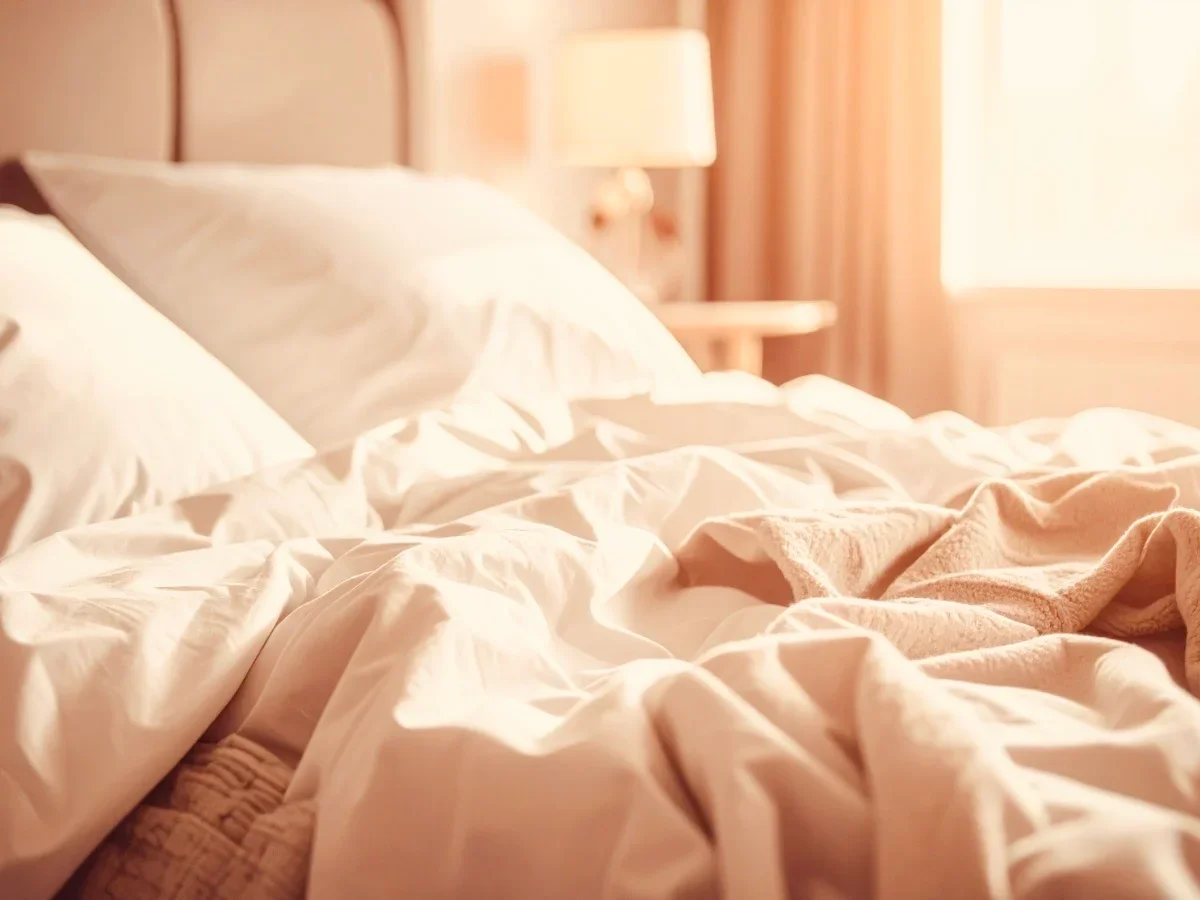 Disheveled white hotel bed sheets in warm morning light with a glowing bedside lamp and soft curtains in the background