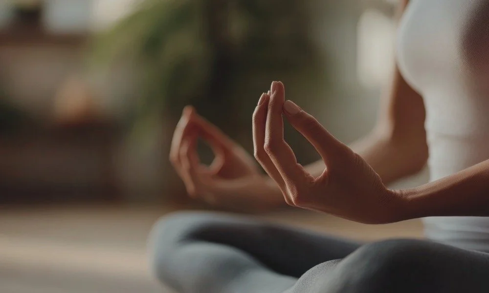 Person practicing a seated meditation pose with hands in mudra, symbolizing mindful movement and self-care for mental wellness.