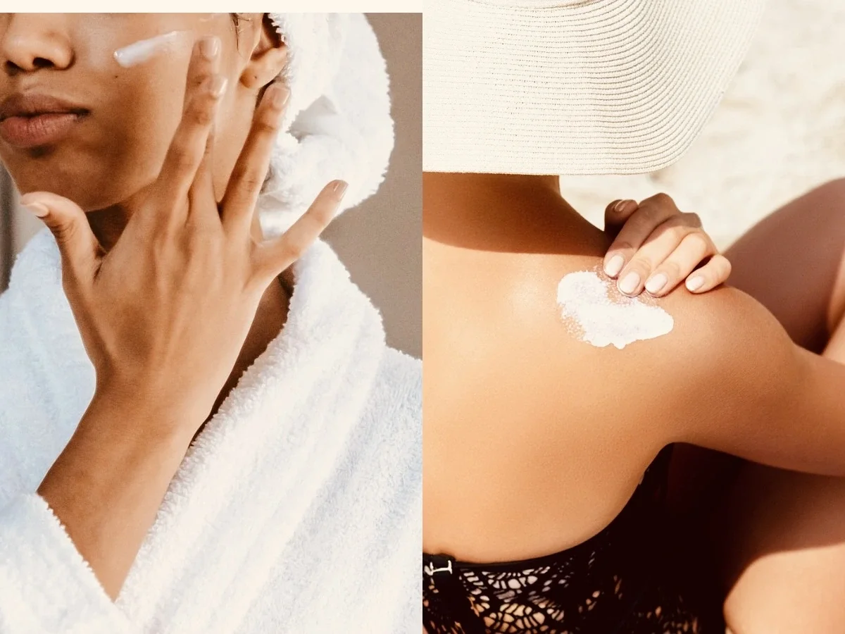 Diptych contrasting a morning skincare routine indoors — face application in a white robe — with outdoor sunscreen application on a shoulder in bright sunlight, SPF cream visible and half-blended.