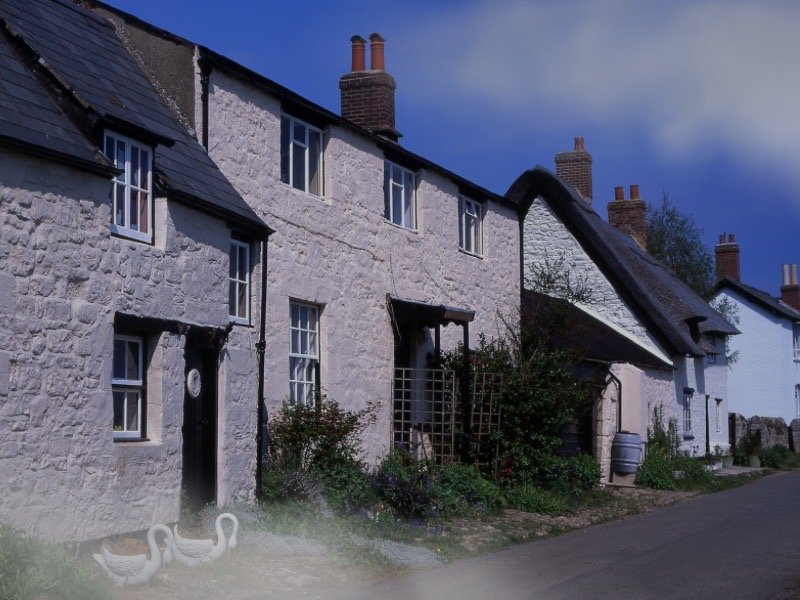 Row of traditional English stone cottages along a quiet village road, reflecting the nostalgic, pastoral setting reminiscent of scenes in The Secret Book of Flora Lea.