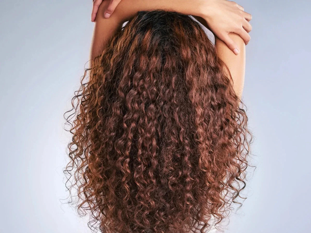 : Back view of long, natural curly hair cascading down, showing texture and pattern as the central visual focus