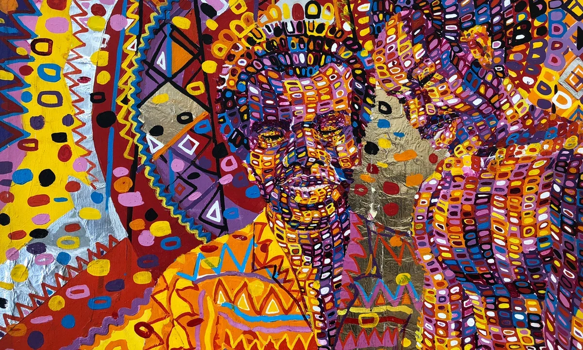 A vibrant, pattern-dense portrait painting with figures rendered in overlapping geometric shapes and saturated reds, purples, yellows, and blues, evoking AfriCOBRA-influenced visual tradition