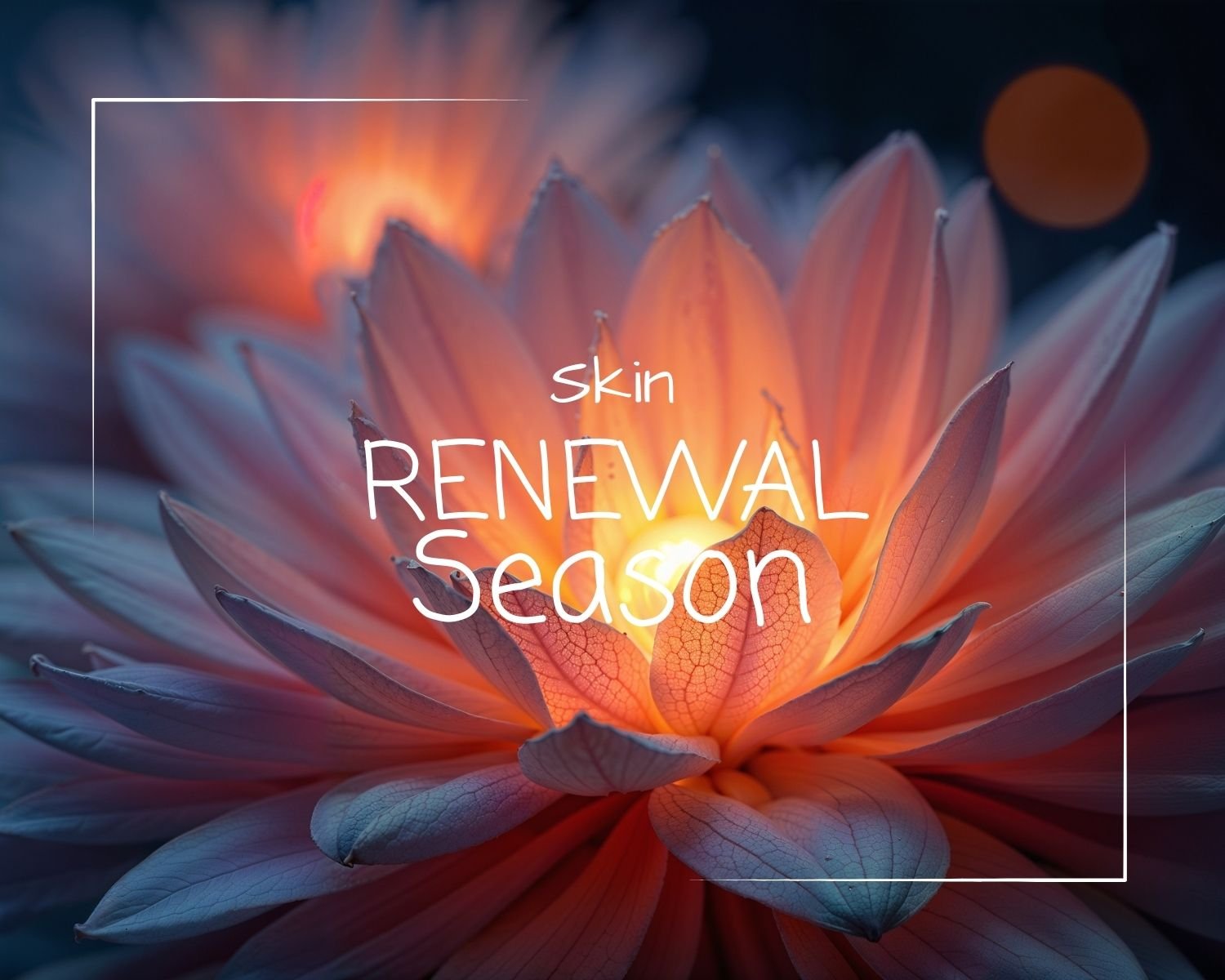 A glowing flower with soft, layered petals illuminated from the center in warm orange and cool blue tones. Overlaid text reads: “Skin Renewal Season.”