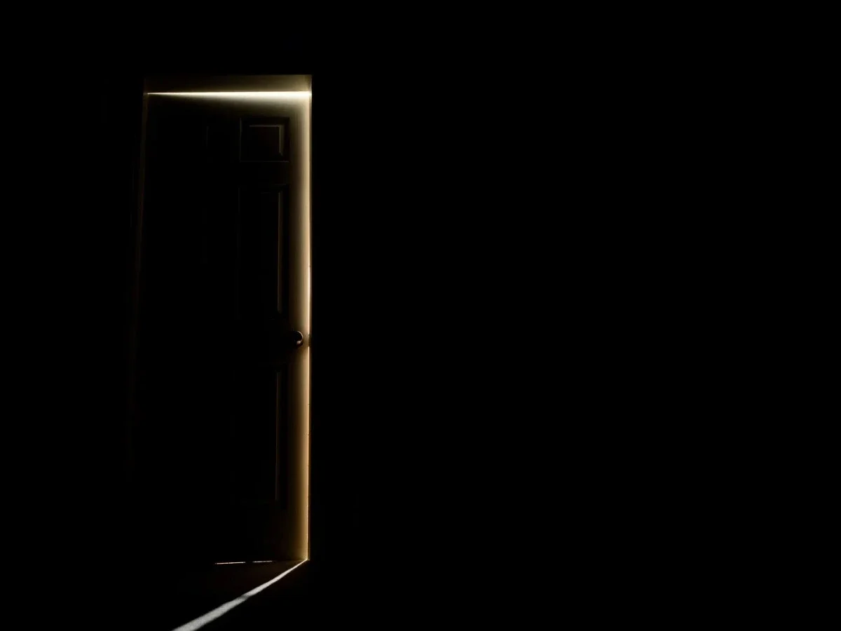 A dark room with a closed door edged by a thin line of warm light, evoking the secrets, concealment and guarded interiority of Hana's character in Minbak by Ela Lee