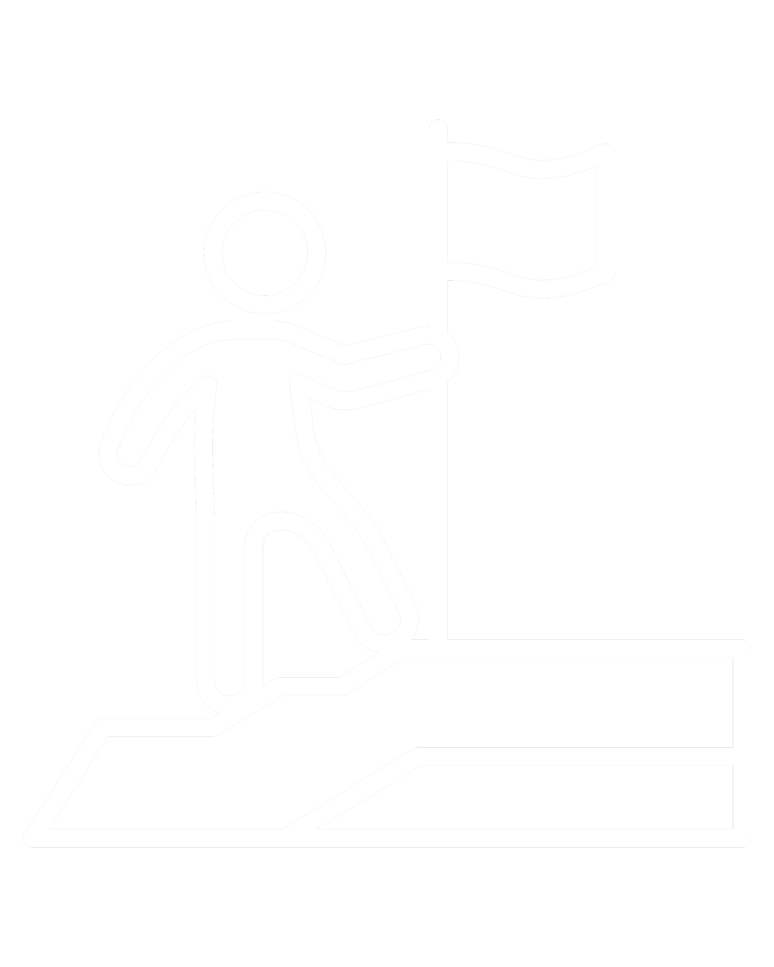 Line drawing of a person standing on a mountain peak planting a flag.