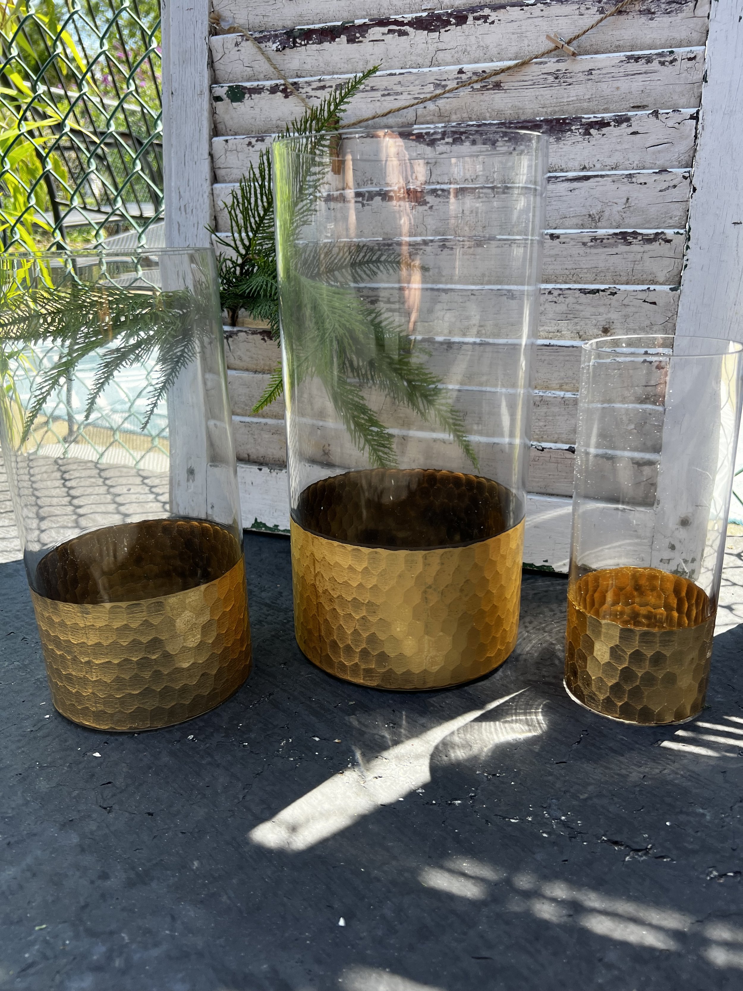 Honeycomb Gold Base Hurricane Vase (8, 10, 12") $15/set