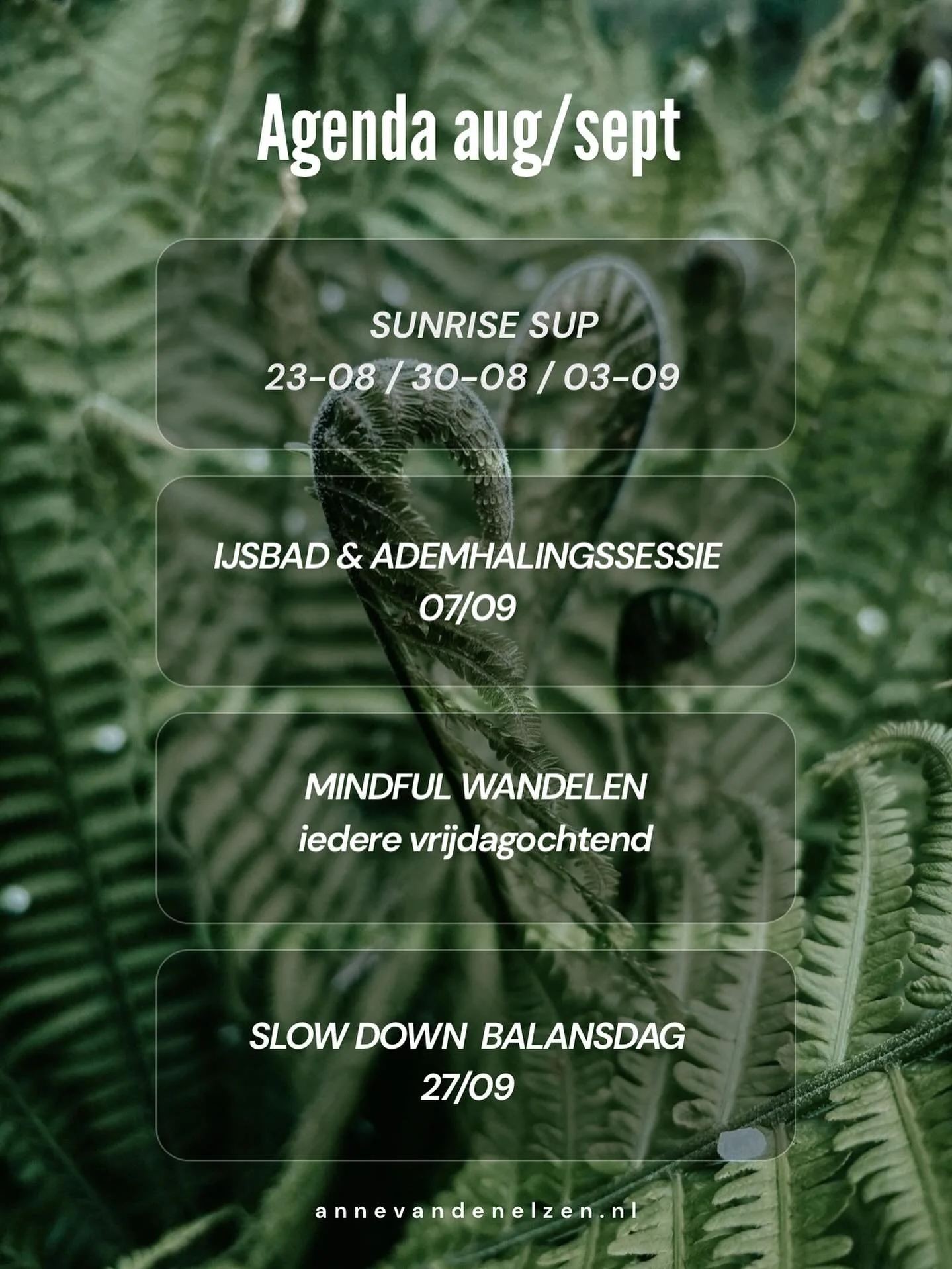 Kies jij voor rust of uitdaging? 🌿

De komende weken staan er weer mooie activiteiten op de planning om te ontspannen, de natuur in te gaan of om uit je comfortzone te stappen.

Denk aan een stiltewandeling voor meer rust in je hoofd, een vroege o