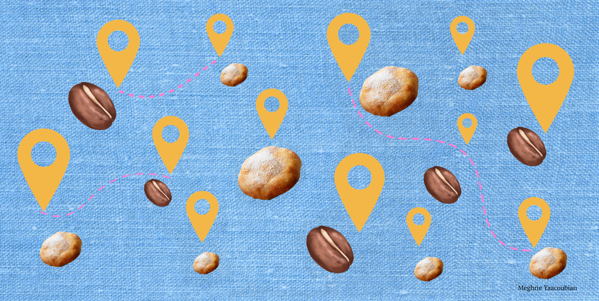 Illustration of yellow map location pins, coffee beans, and powdered pastries scattered across a blue fabric-textured background, connected by dashed pink lines.