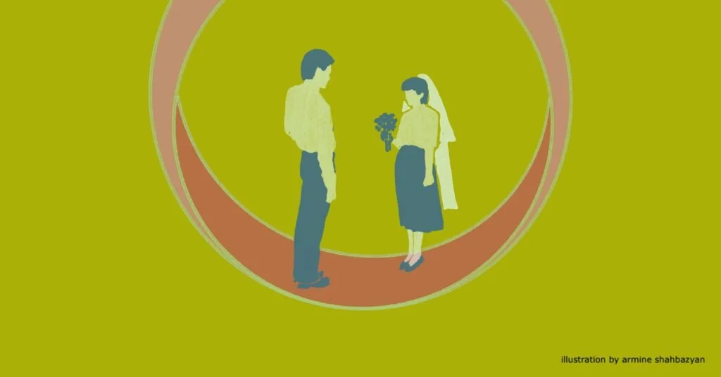 Illustration of a bride and groom standing face to face inside a large interlocking wedding ring, on an olive-green background. The groom wears a light shirt and dark trousers; the bride wears a veil and holds a small bouquet.