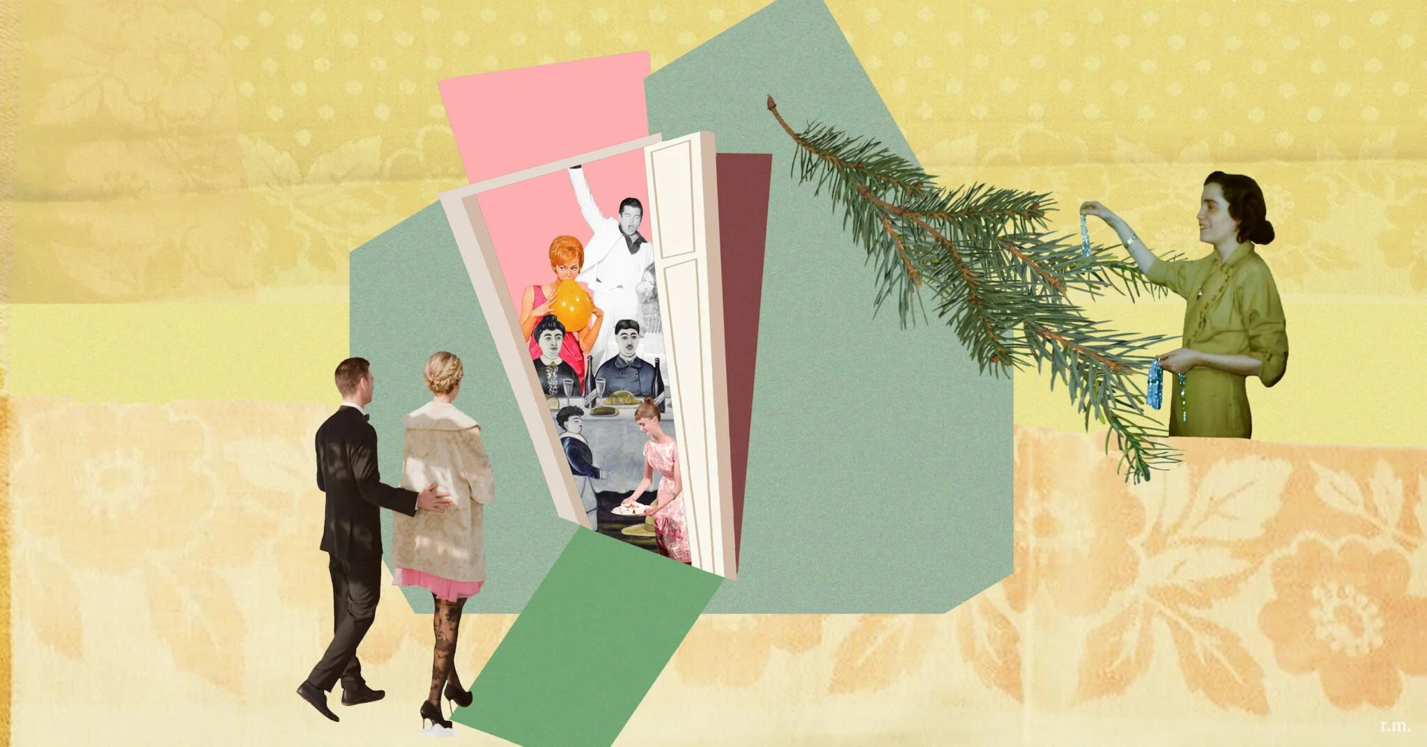 Collage illustration of a couple entering a vintage party scene through an open door, while a woman decorates a pine branch with beaded ornaments.