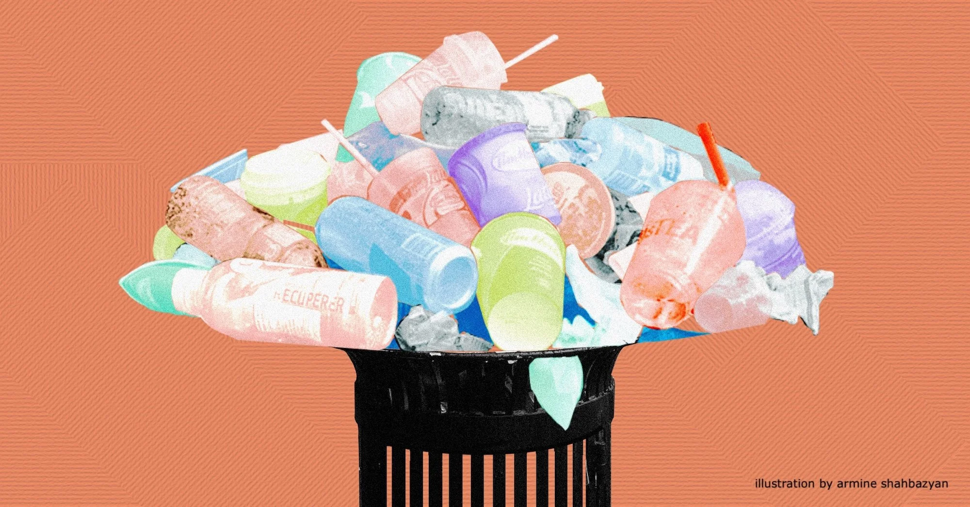Illustration of a black wire trash bin overflowing with colorful plastic bottles, cups, and containers in pink, blue, green, and purple, set against an orange textured background.