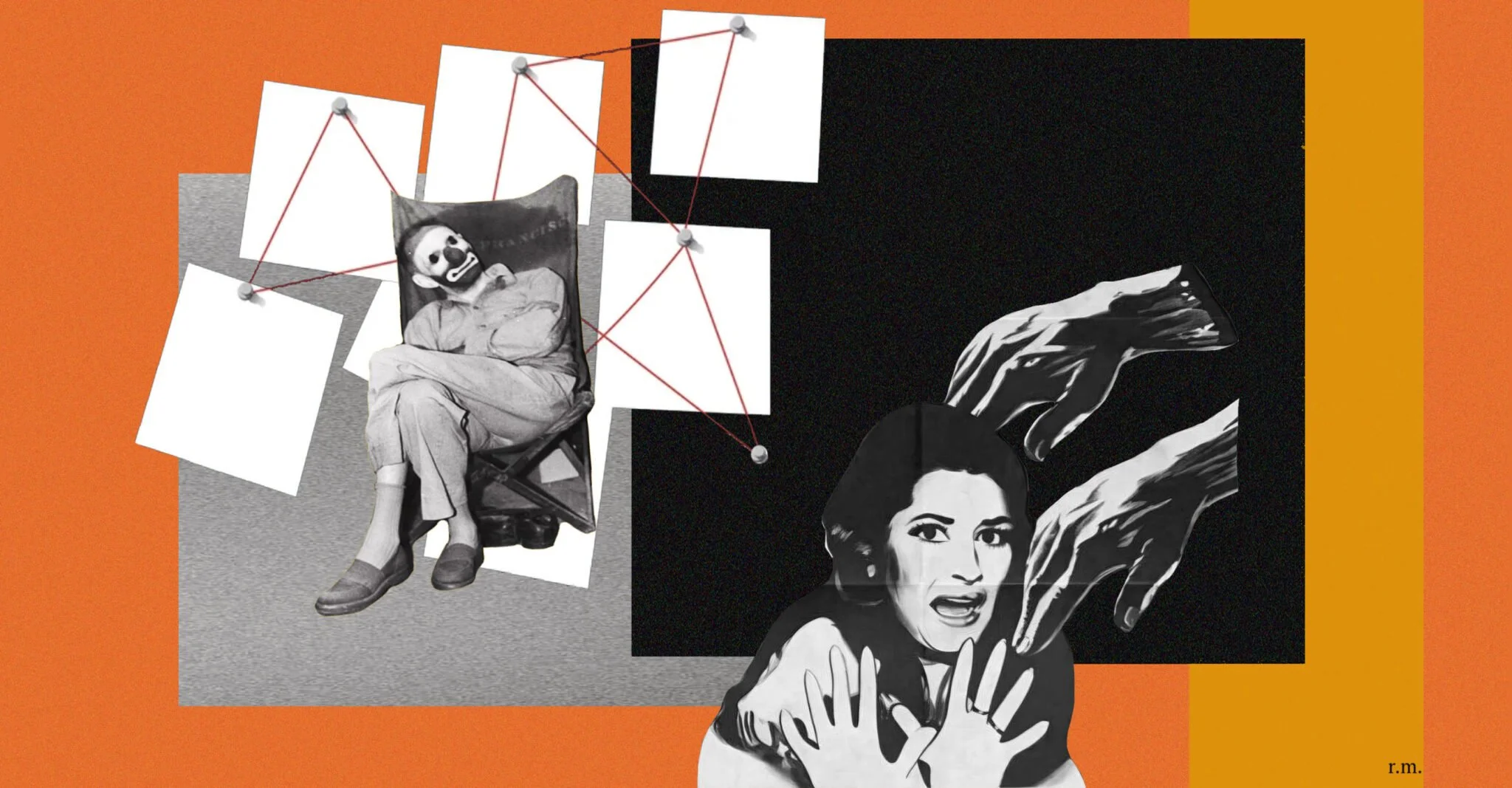 Collage illustration on an orange background: on the left, a black-and-white photo of a person in a clown mask sitting in a folding chair, surrounded by blank note cards pinned to a corkboard and connected with red string like an investigation board.
