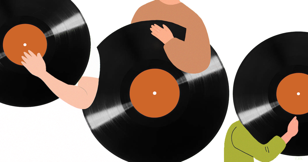 Illustration of three people holding large vinyl records in front of them, arms wrapped around the discs, on a white background. Only their arms, hands, and partial torsos are visible.