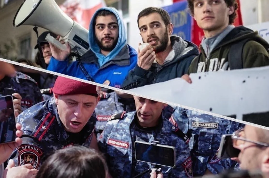 Split image of protesters with a megaphone above and uniformed police officers facing them below.