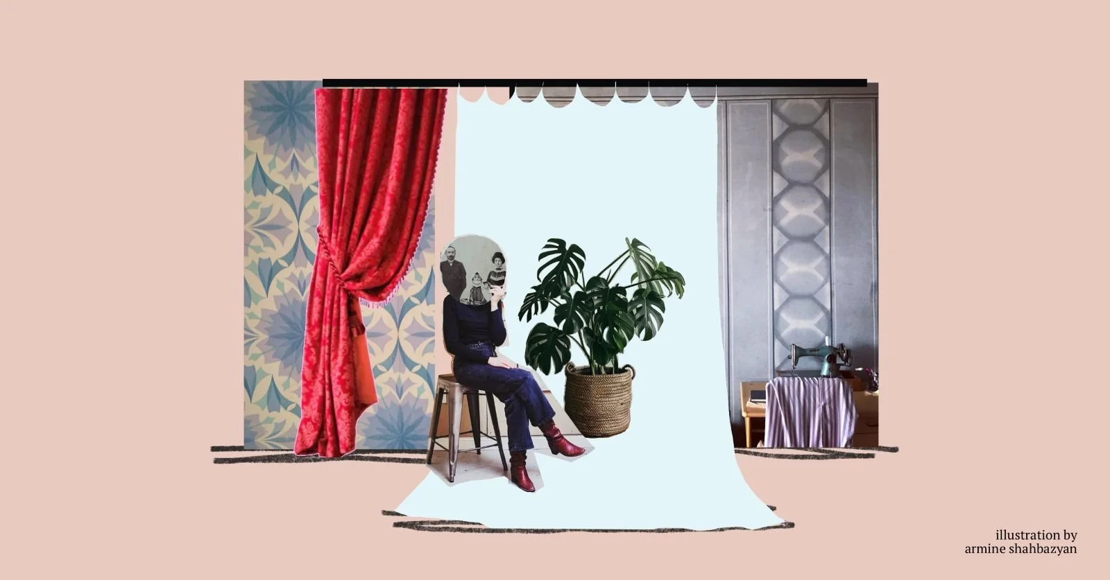 Collage of a seated figure with a vintage family photo for a face, set against a curtain, patterned wallpaper, and a monstera plant.