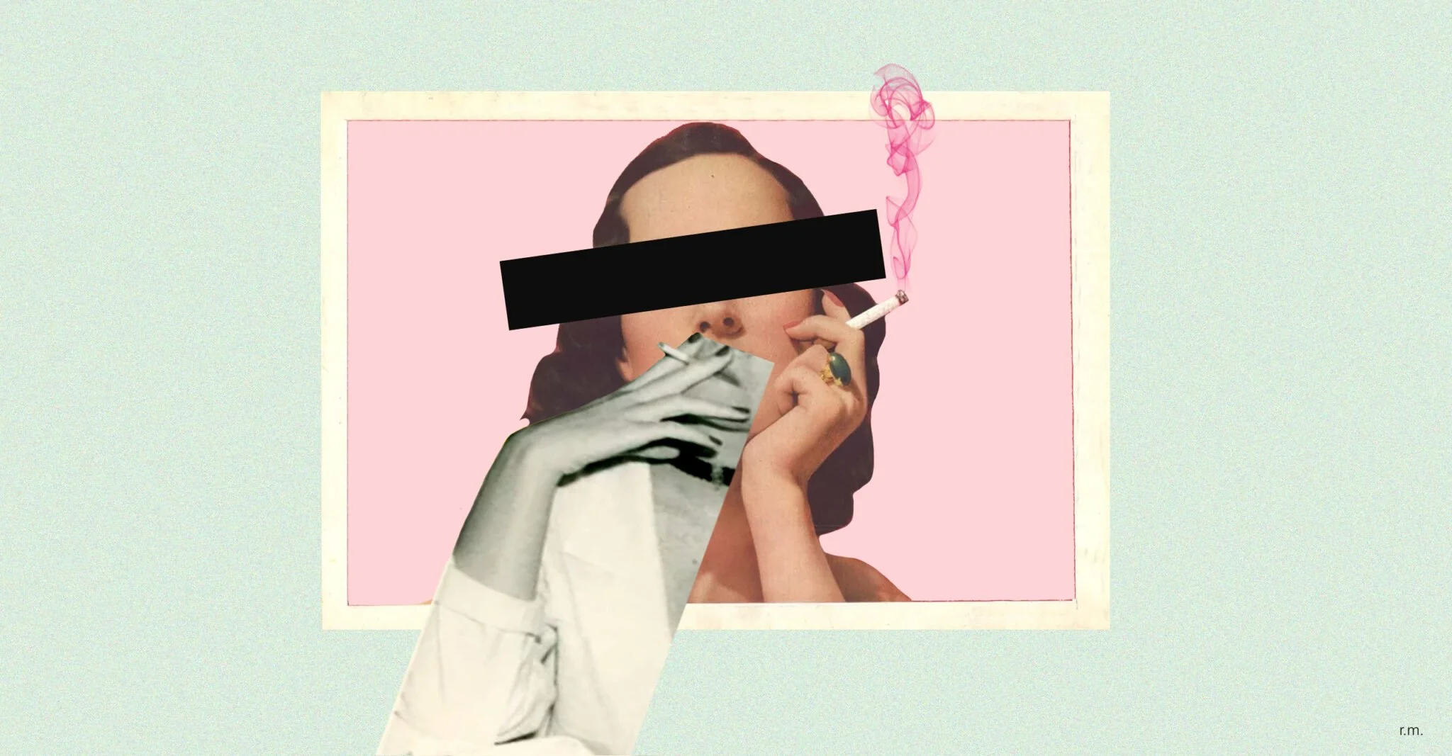 Collage illustration of a vintage-style woman smoking, eyes hidden by a black censor bar, with pink smoke curling up, set in a framed pink portrait on a mint background.