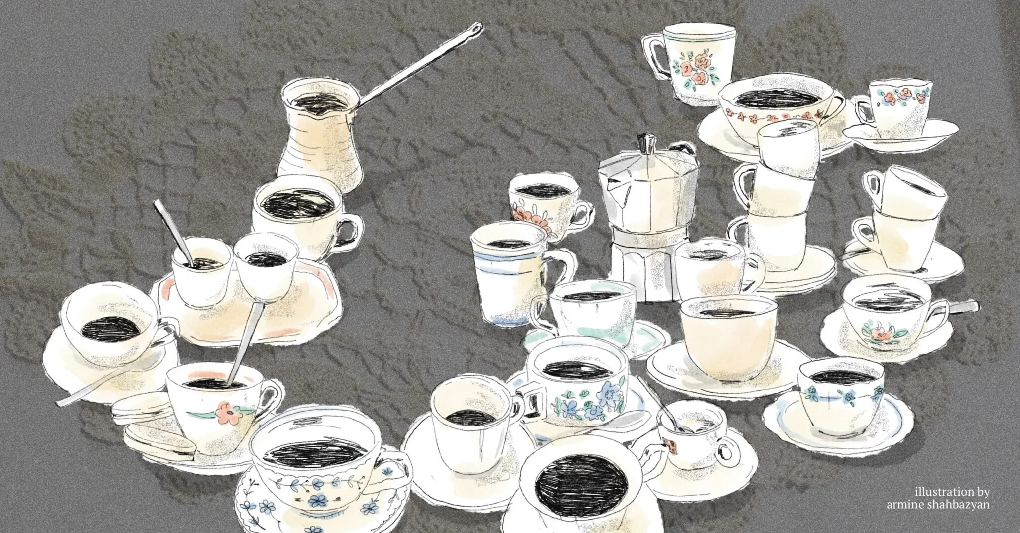 Illustration of many floral coffee cups and saucers arranged in a circle around traditional coffee pots, on a dark textured background.
