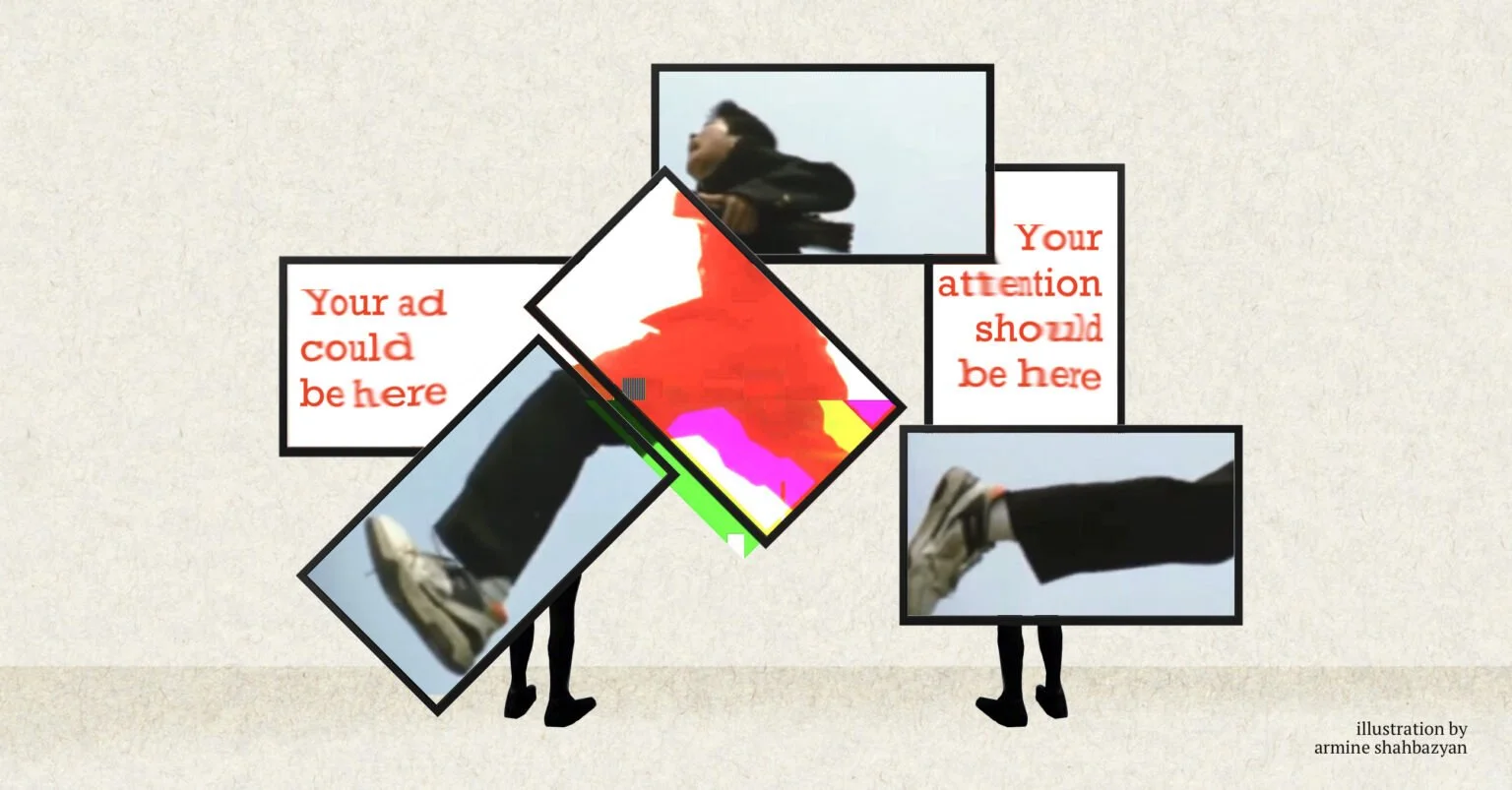 Collage of tilted screens showing a person’s body parts and ads reading “Your ad could be here.”