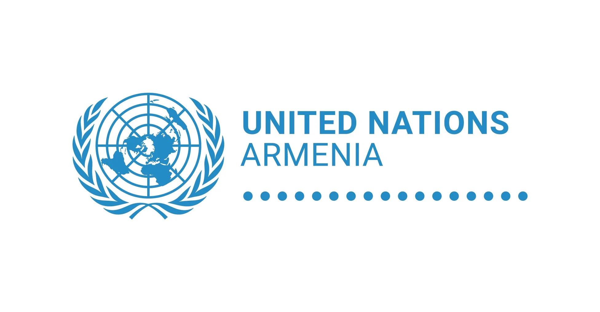 United Nations Armenia logo featuring a blue globe with latitude and longitude lines, encircled by olive branches, with the text 'United Nations Armenia' and a row of blue dots below.