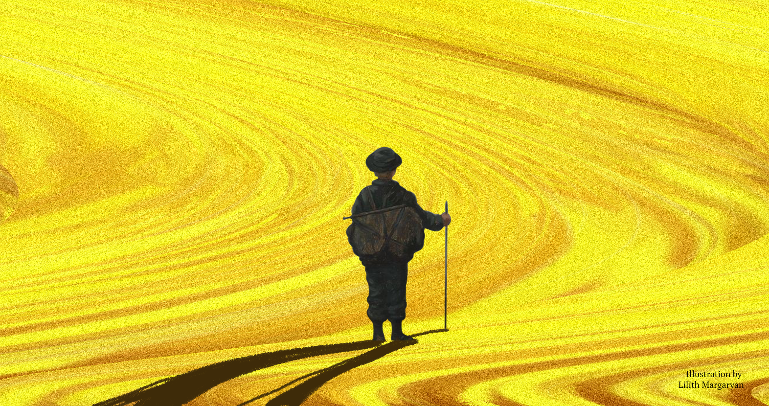 Illustration of a lone figure in a flat cap standing with a walking stick and a bundle on their back, silhouetted against a swirling golden-yellow landscape, casting a long shadow.