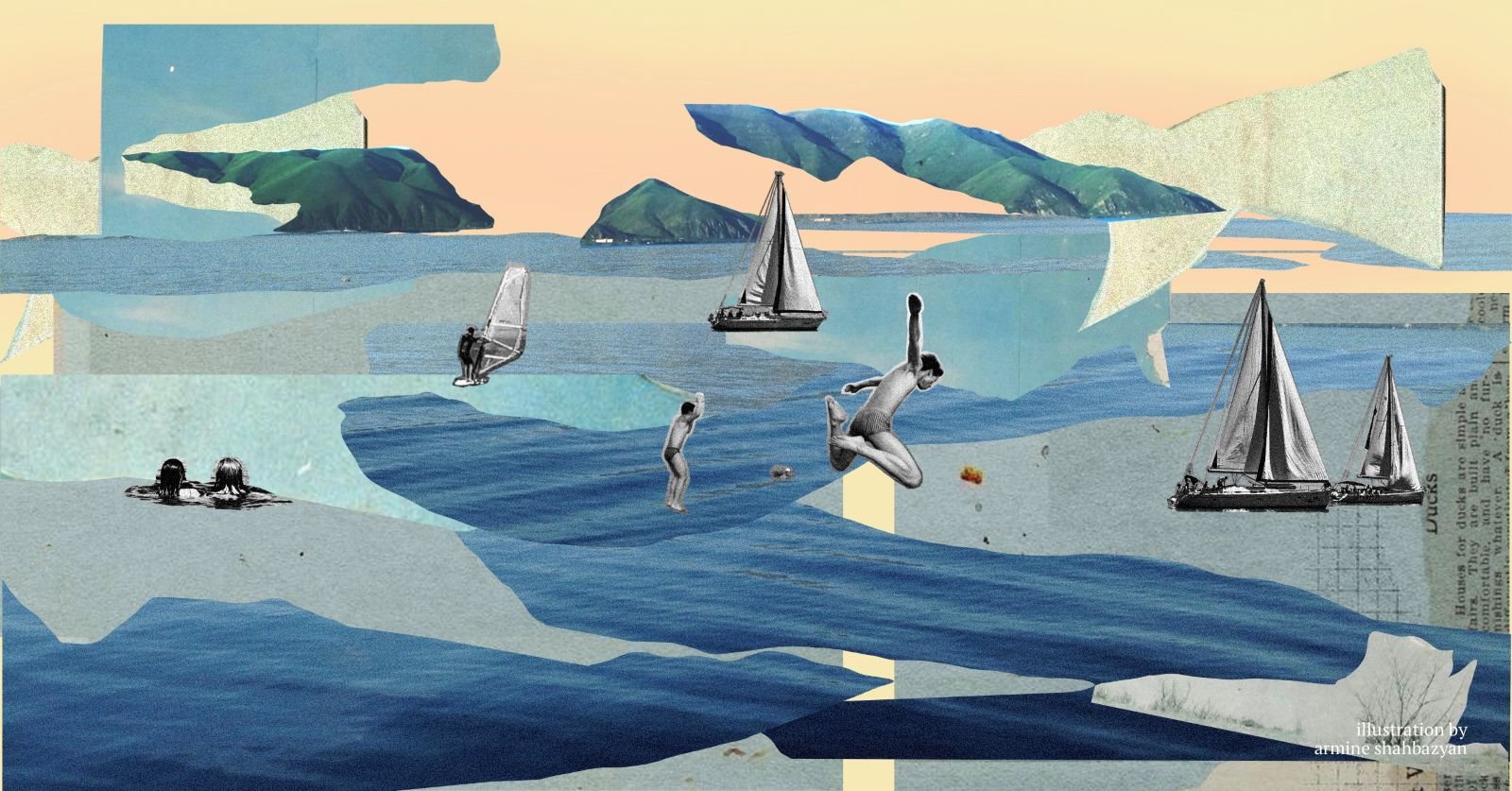 Collage illustration of a lake with green hills, sailboats, a windsurfer, swimmers, and a person diving mid-air, layered with torn paper textures in blue and cream tones.