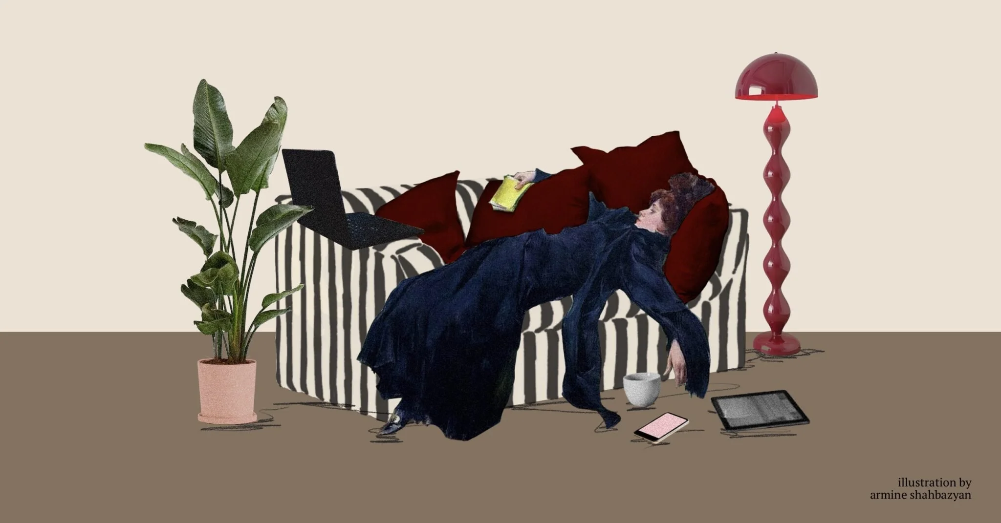 Illustration of a person in a flowing dark robe sprawled sideways across a striped couch, surrounded by a laptop, tablet, phone, and cup on the floor, with a potted plant and red lamp nearby.