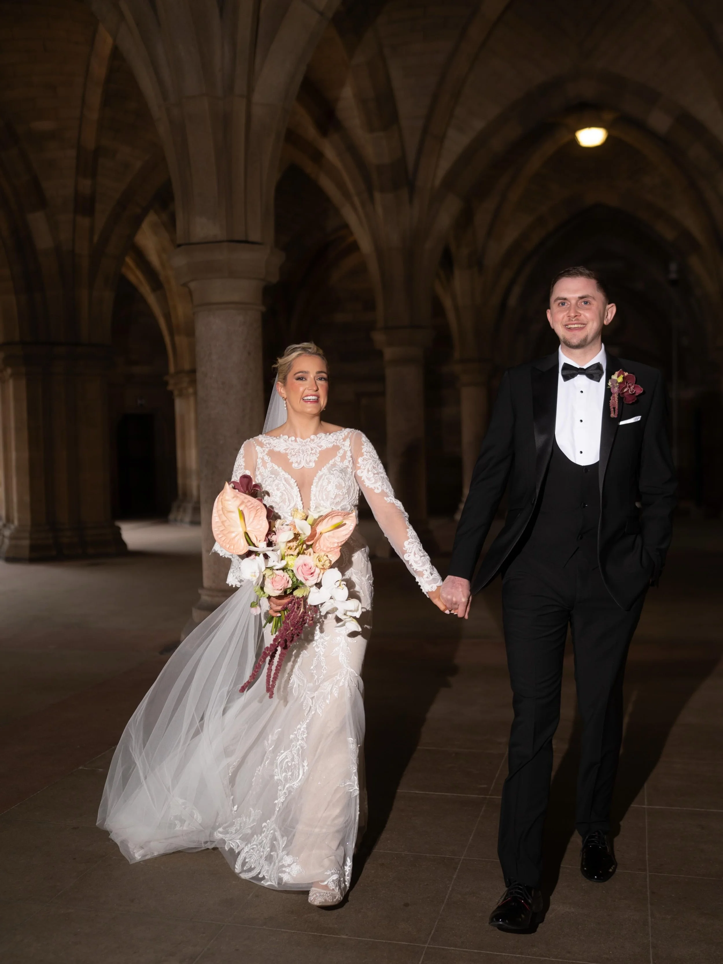 Rachael &amp; Neil

I was delighted when Rachael asked for a contemporary bouquet with orchids, callas and trailing amaranthus. She liked a structural aesthetic but allowed me to soften the overall look with gorgeous blush pink anthuriums and pale gr