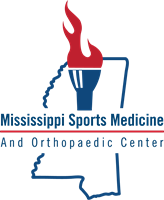 Logo of Mississippi Sports Medicine and Orthopedic Center featuring a gymnast silhouette and a map of Mississippi.