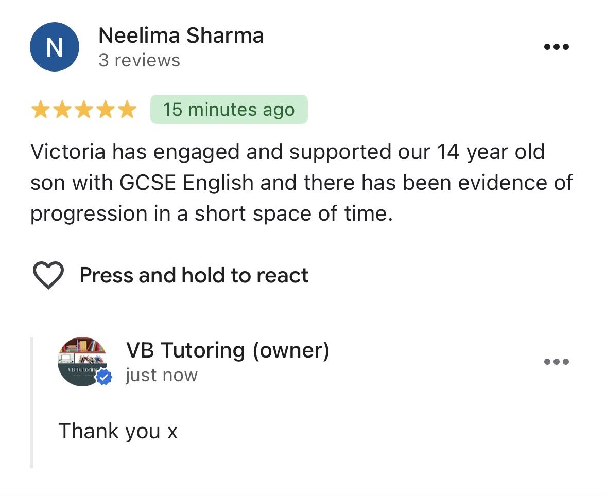 Screenshot of a Facebook review by Neelima Sharma giving five stars, praising Victoria for supporting a 14-year-old son's GCSE English progress, with a reply from VC Tutoring saying 'Thank you x'.