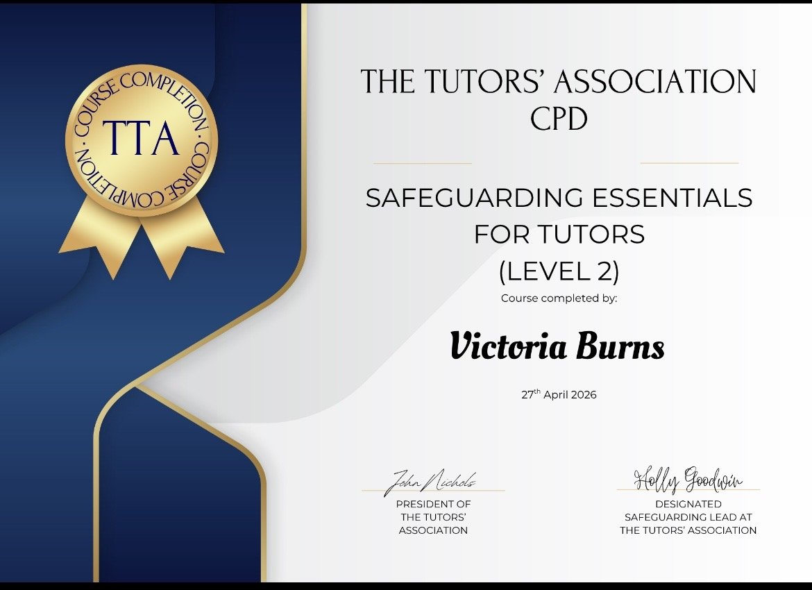 Certificate of completion from The Tutors' Association for Victoria Burns, for a Level 2 safeguarding essentials course, dated April 27, 2026, with signatures from John Nichols and Holly Goodwin.