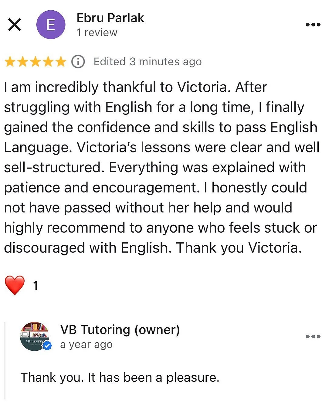 Screenshot of a customer testimonial from Ebru Parlak praising Victoria for her effective English lessons and expressing gratitude. The post is from VB Tutoring, with a reply from the owner, thanking the customer.