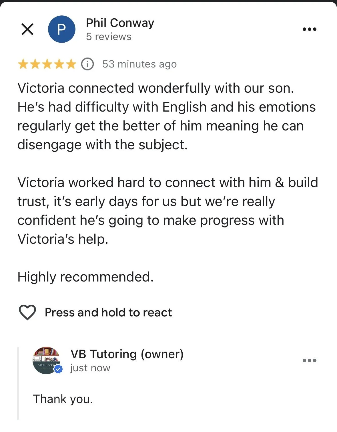 Screenshot of a Facebook review by Phil Conway, five-star rating, praising Victoria for helping his son with language learning. The review highlights their connection and trust development, and expresses confidence in Victoria's progress.