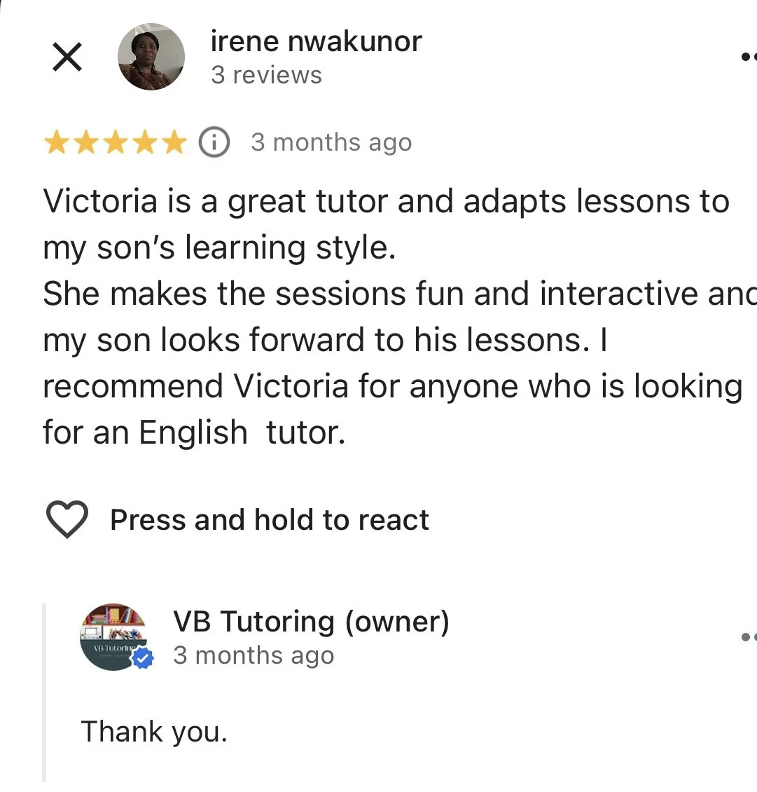 Screenshot of a positive review for Victoria, a tutor, praising her for making learning sessions fun and interactive for her son, and recommending her as an English tutor, with a small profile picture of a woman and a business logo at the bottom.