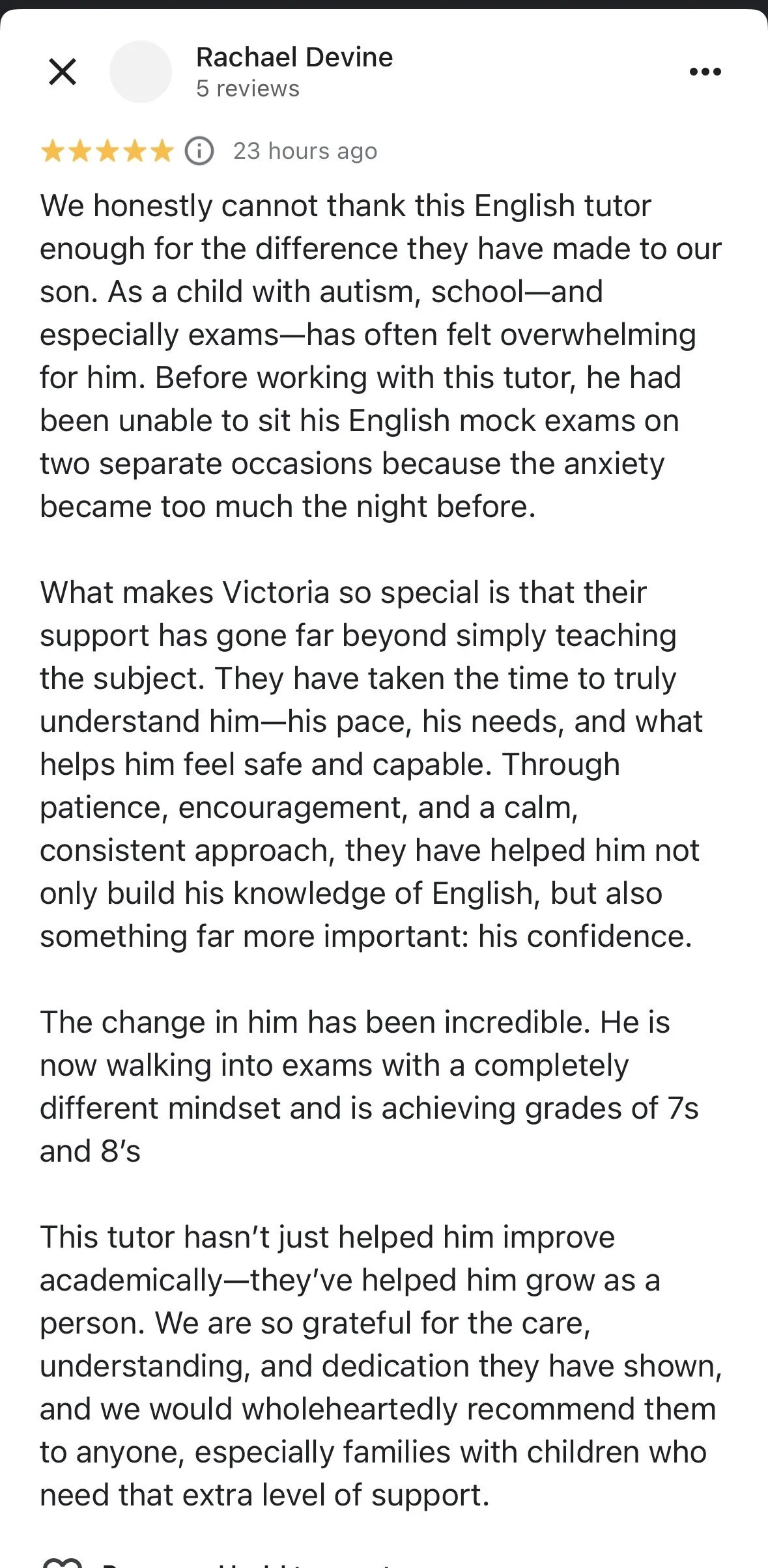 Screenshot of a written review praising an English tutor named Victoria for her support and positive impact on a child with autism, including the child's improvement in confidence and exam scores.